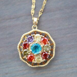 Spinning Multicolor Flower Style with CZ Diamond Pendant Necklace 18k Gold Plate